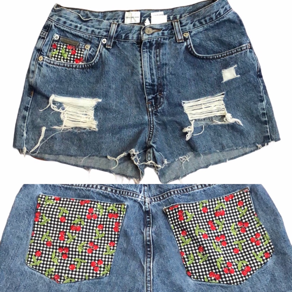 Vintage Calvin Klein Distressed Patched Gingham Cherry Denim Jean Shorts Size 6